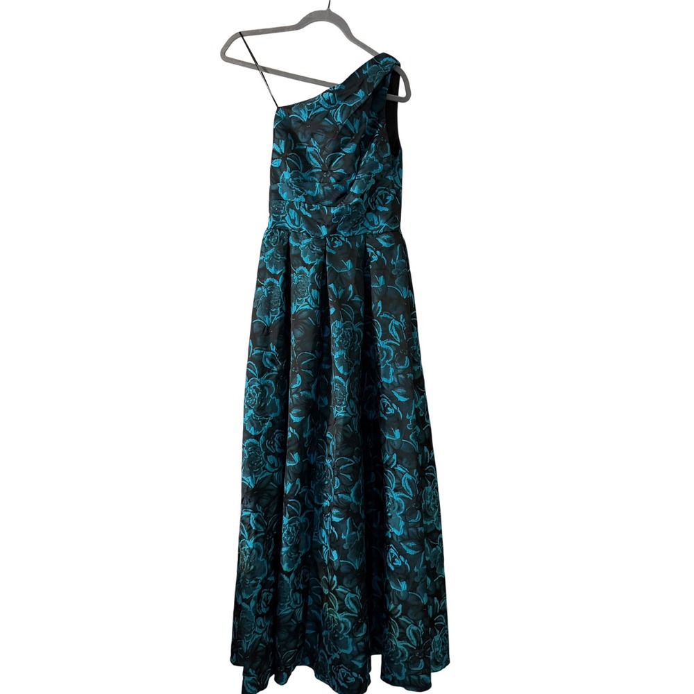 Slate Teal Black Floral Brocade One Shoulder A-Line Formal Gown Dress Size 6
